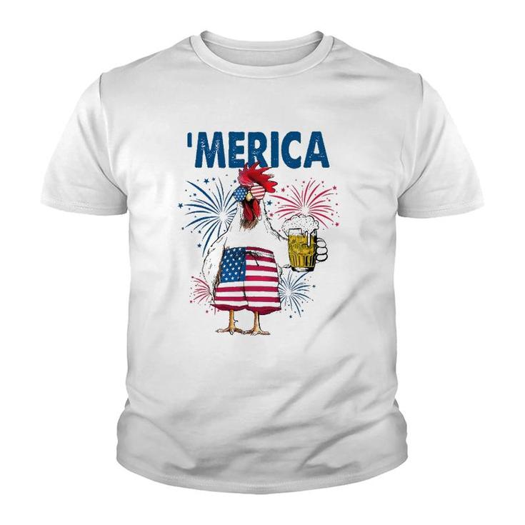 Merica Funny Chicken With Beer Usa Flag 4Th Of July Youth T-shirt
