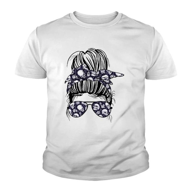 Messy Bun Skull With Flowers Print Sunglasses Goth Women Youth T-shirt