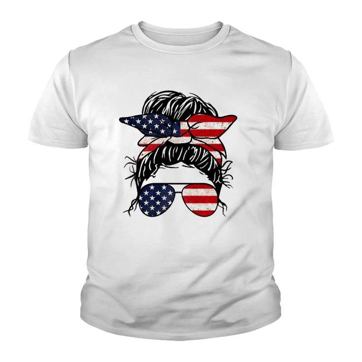 Messy Bun Usa Flag Glasses 4Th Of July Patriotic  Youth T-shirt