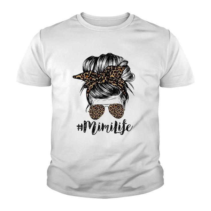 Mimi Life Messy Bun Hair Bandana Glasses Leopard Print Mother's Day Youth T-shirt
