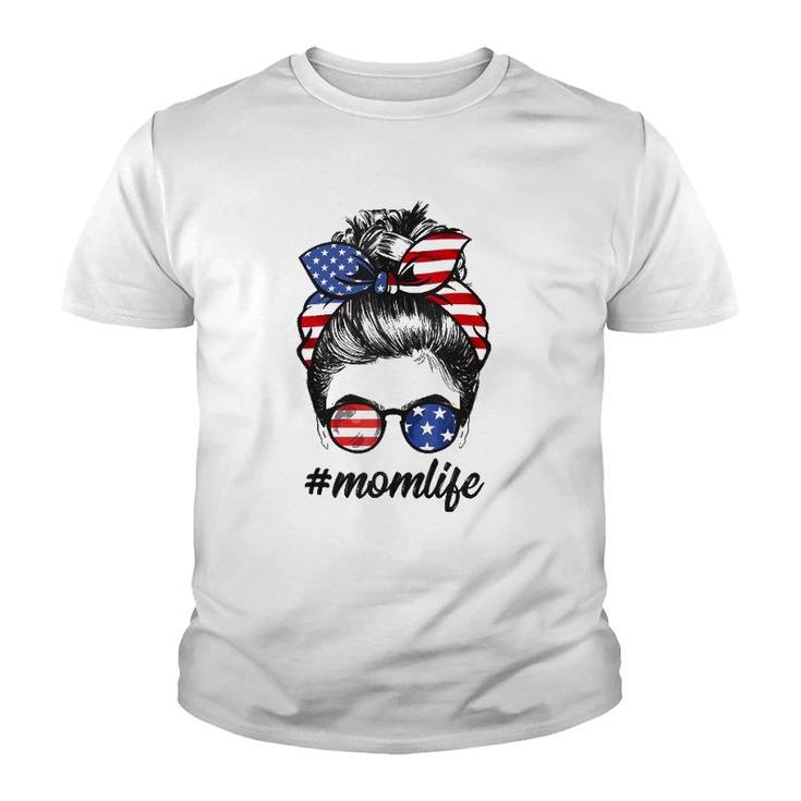 Mom Life Messy Bun America Flag Mother's Day 4Th Of July  Youth T-shirt
