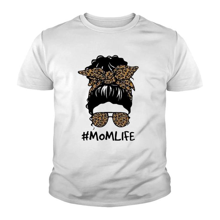 Mom Life Messy Bun Hair Leopard Plaid Momlife Mother's Day Youth T-shirt