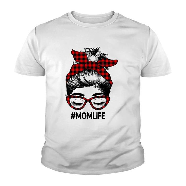 Mom Life Mother's Day Messy Bun Glasses Buffalo Plaid Bandana Youth T-shirt
