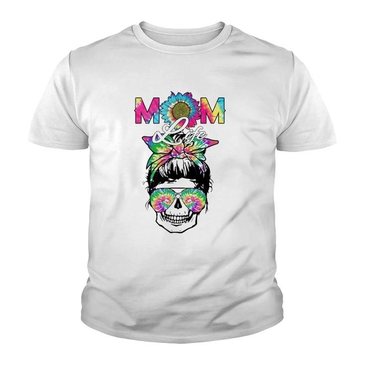 Mom Life Skull Messy Bun Tie Dye Bandana Mother's Day Mama Youth T-shirt