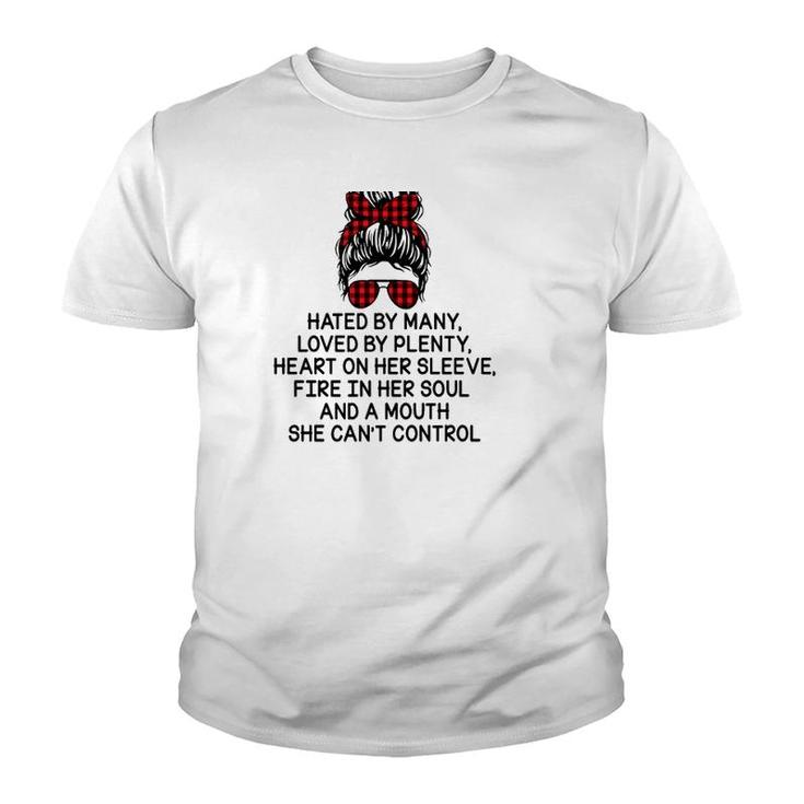 Nurse Hated By Many Loved By Plenty Heart On Her Sleeve Fire In Her Soul And A Mouth She Can’T Control Messy Bun Buffalo Plaid Bandana Youth T-shirt