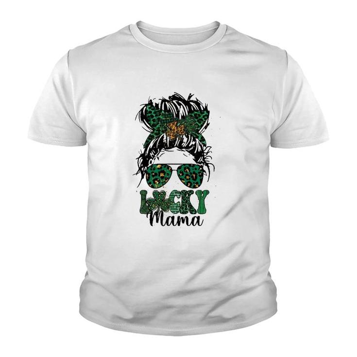 Patricks Lucky Mama Leopard Buffalo Clovers Messy Bun Girls Youth T-shirt