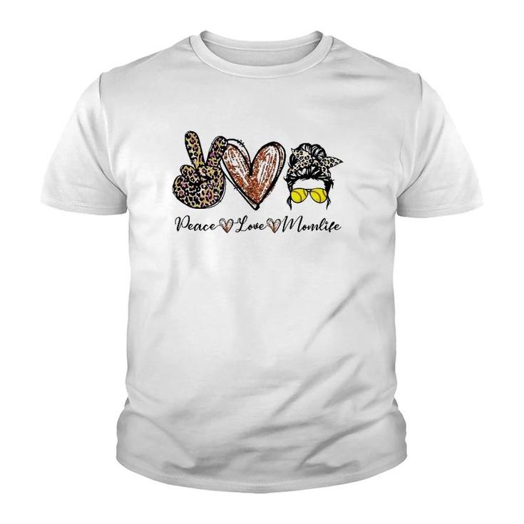 Peace Love Momlife Softball Messy Bun Skull Mother's Day Youth T-shirt