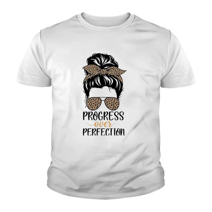 Progress Over Perfection Messy Bun Hair Teacher Leopard Youth T-shirt