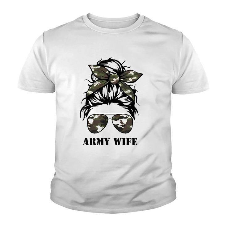Proud Army Wife Messy Bun Camo Flag Spouse Military Pride Pullover Youth T-shirt