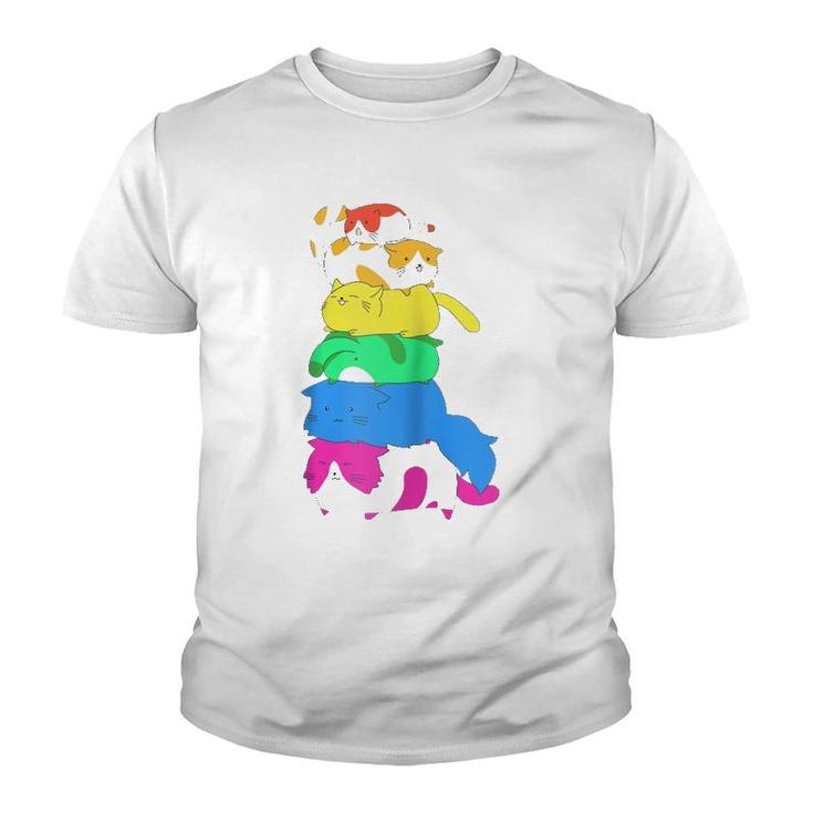 Purride Rainbow Lgbt Cat Pile Funny Feline Gay Pride Cat  Youth T-shirt