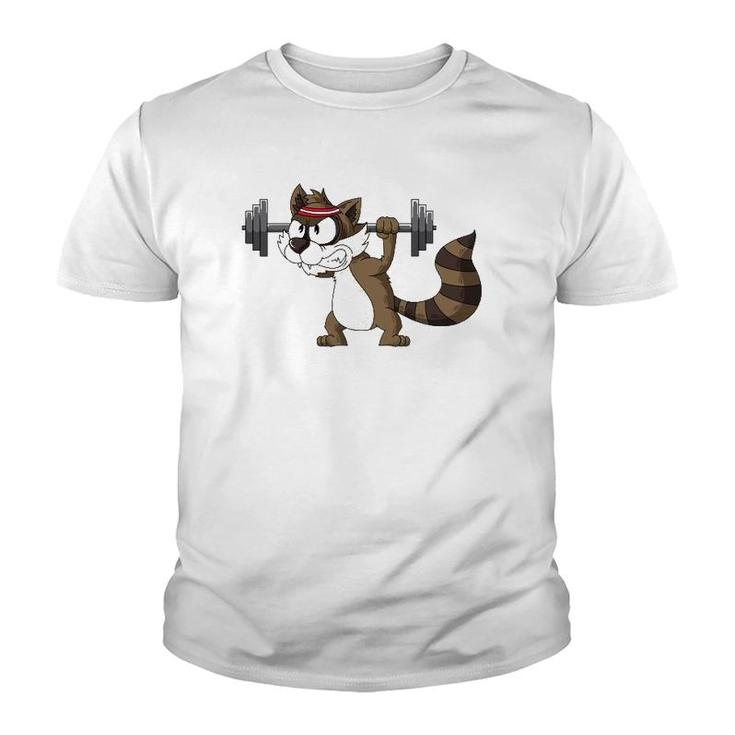 Raccoon Weight Lifting Gym Apparel Barbells Fitness Workout Youth T-shirt