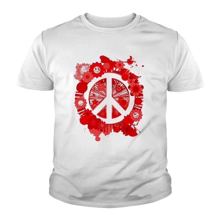 Red Peace Sign 70S Hippie Happiness Flowers Youth T-shirt