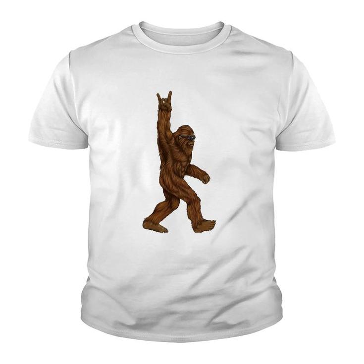 Rock On Bigfoot Sasquatch Loves Rock And Roll Sunglasses On Youth T-shirt