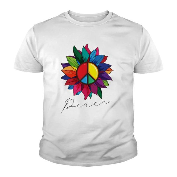 Sunflower Flower Rainbow Peace Sign World Retro Hippie 70'S Youth T-shirt