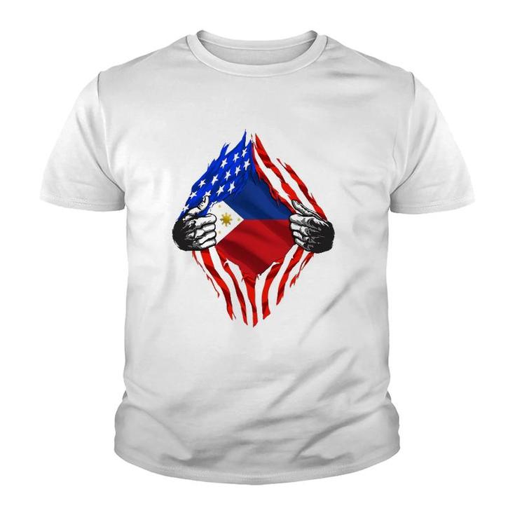 Super Filipino Heritage Philippines Roots Usa Flag Gift Youth T-shirt