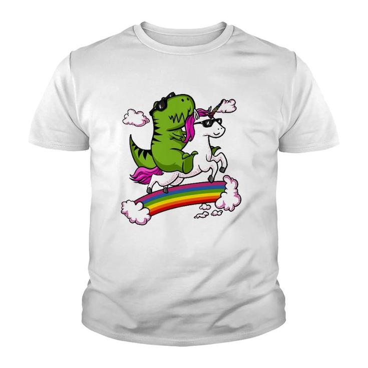 T-Rex Dinosaur Riding Unicorn Funny Rainbow Youth T-shirt