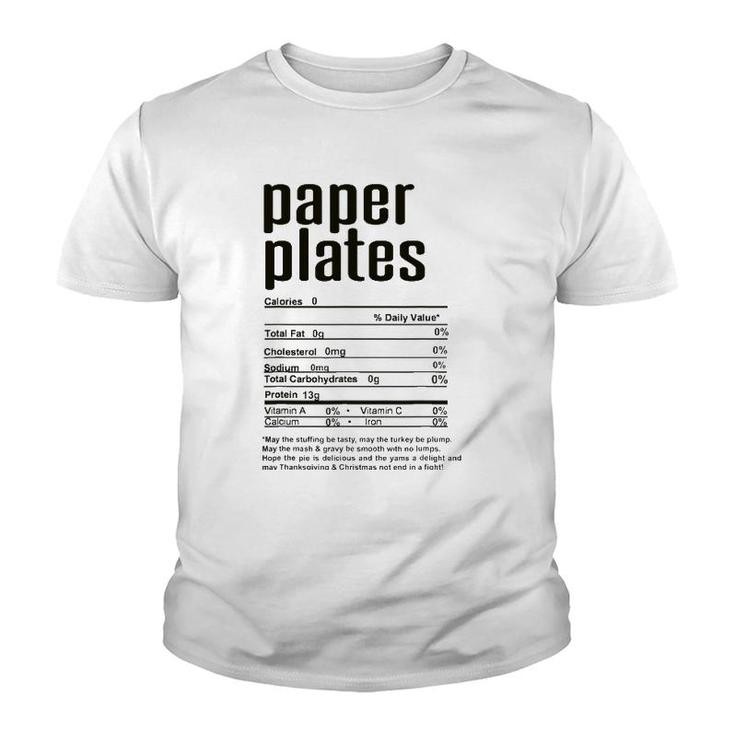 Thanksgiving Christmas Paper Plates Nutritional Facts Youth T-shirt