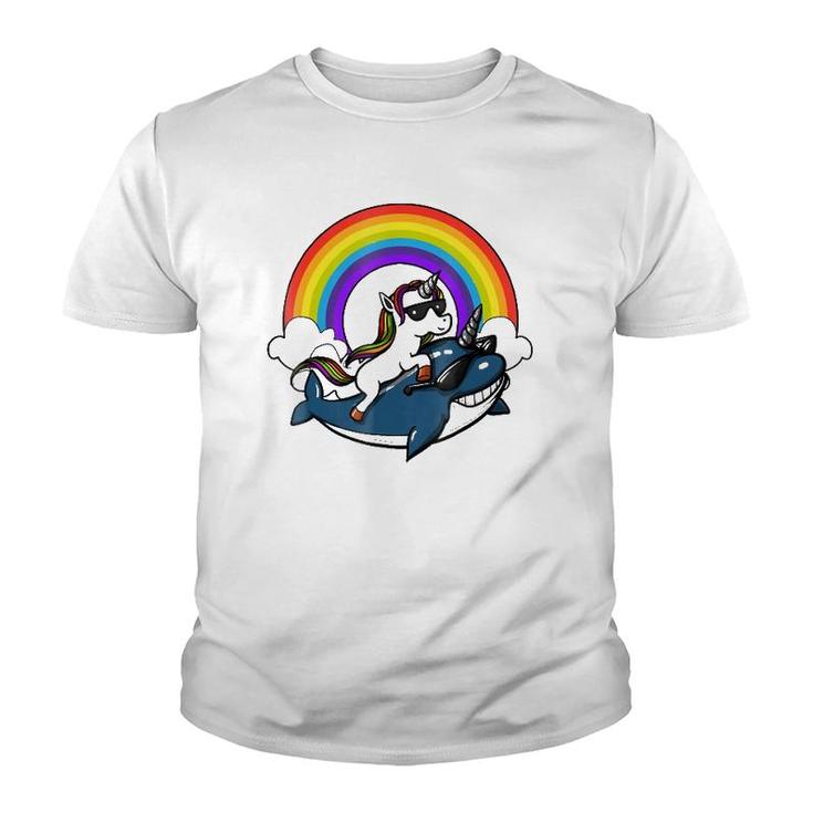 Unicorn Riding Narwhal Fish Magical Rainbow Youth T-shirt