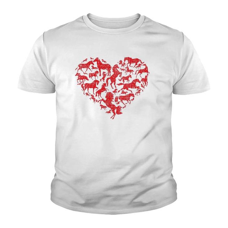 Valentine's Day I Love Horses Distressed Heart Equestrian Youth T-shirt
