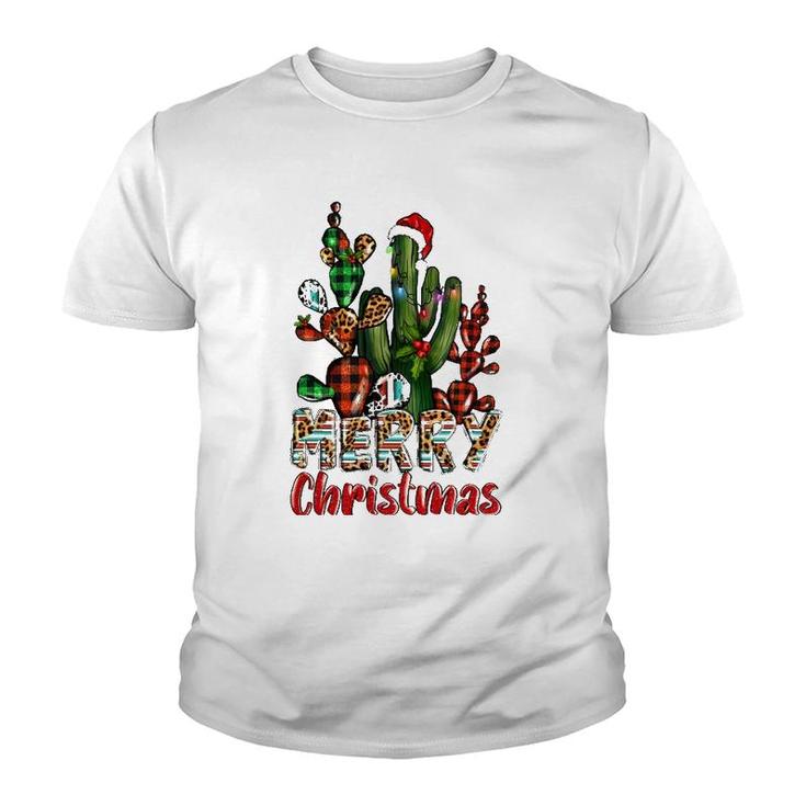 Western Texas Leopard Buffalo Plaid Cactus Merry Christmas Youth T-shirt