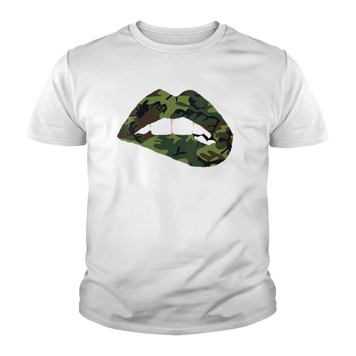 Womens Camouflage Lips Mouth Military Kiss Me Biting Camo Kissing V-Neck Youth T-shirt