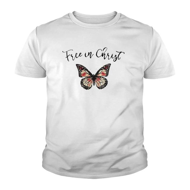 Womens Free In Christ Christian Butterfly V-Neck Youth T-shirt
