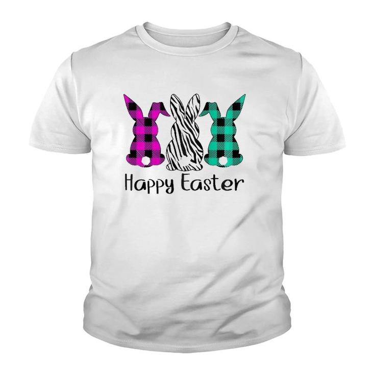 Womens Happy Easter Plaid Zebra Print Bunnies Easter  Youth T-shirt