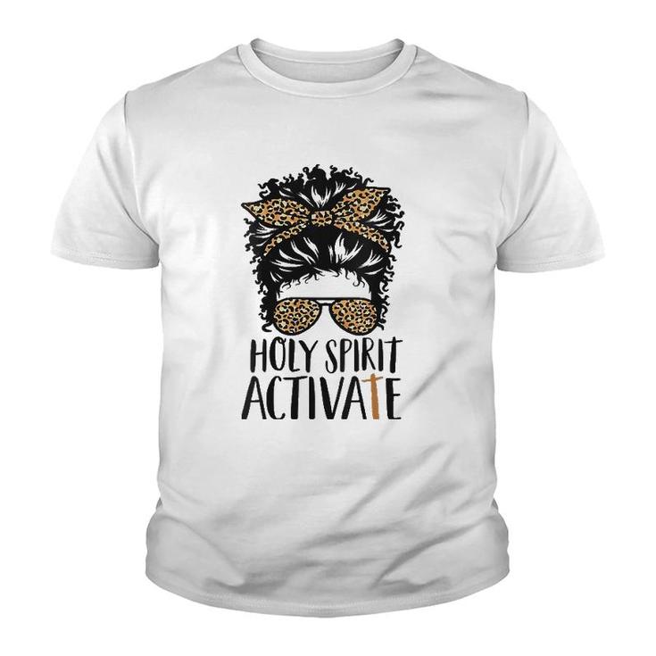 Womens Holy Spirit Activate Black Mom Life Leopard Messy Bun  Youth T-shirt