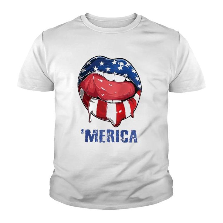 Womens 'Merica American Flag Mouth Lips 4Th Of July Teens Women Raglan Baseball Tee Youth T-shirt