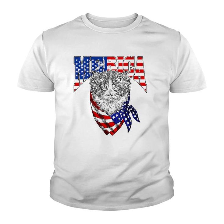 Womens Merica Cat Happy 4Th Of July American Flag Great Family Gift  Youth T-shirt