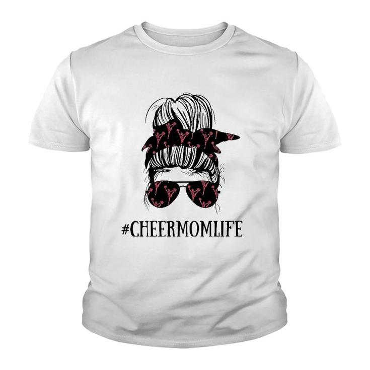 Womens Messy Bun Life Of A Cheer Mom Mother's Day Cheerleading Youth T-shirt