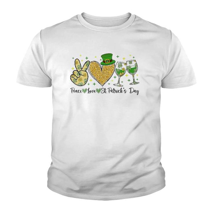 Womens Peace Love St Patrick's Day Cheer Drinking Glitter Shamrock V-Neck Youth T-shirt