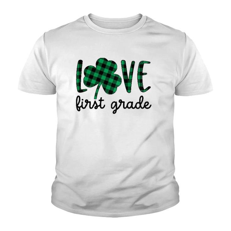 Womens St Patrick's Day Love First Grade Teacher Plaid Shamrock Raglan Baseball Tee Youth T-shirt