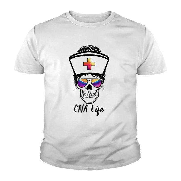 Womens Tu Messy Bun Skull Nurse Cna Life Nursing Tie Dye Gift Youth T-shirt