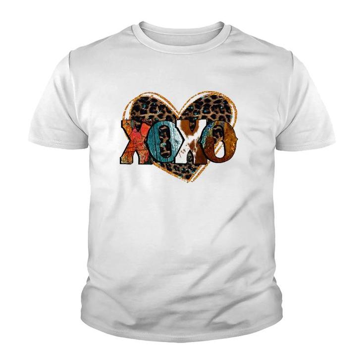 Xoxo Leopard Heart Cowhide Western Glitter Be My Valentine Youth T-shirt