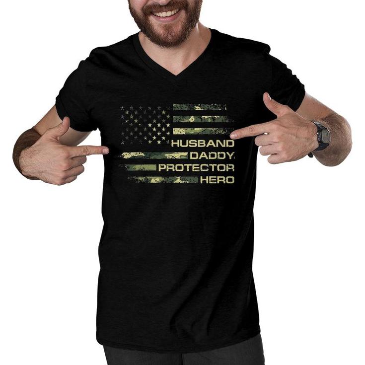 American Husband Daddy Protector Hero Army Fathers Day Men V-Neck Tshirt