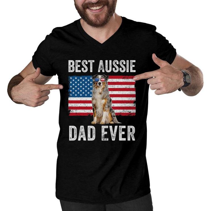 Australian Shepherd Dad American Flag Dog Lover Aussie Dad Men V-Neck Tshirt