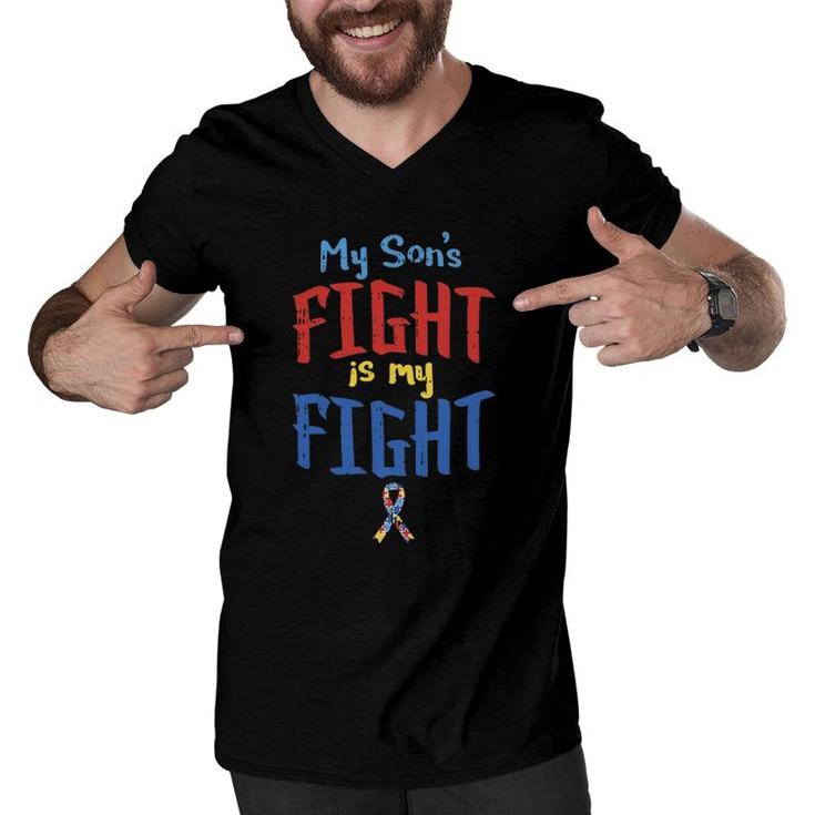 Autism Awareness  My Son's Fight Ribbon Support Mom Dad Men V-Neck Tshirt