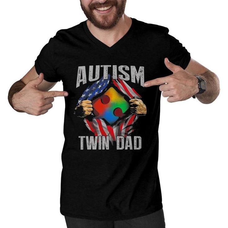 Autism Twin Dad American Flag Autism Awareness Men V-Neck Tshirt