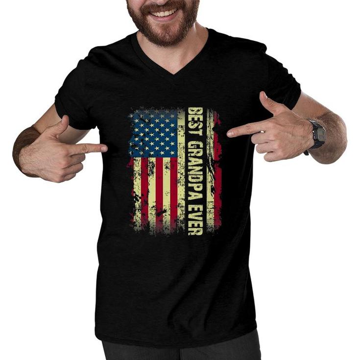 Best Grandpa Ever Vintage American Flag Gift Fathers Day Tee Men V-Neck Tshirt