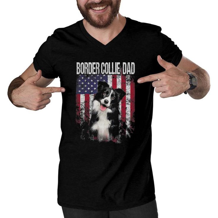 Border Collie Dad With Proud American Flag Dog Lover Gifts Men V-Neck Tshirt