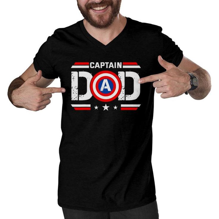 Captain Dad Superhero Funny Men Fathers Day Vintage Dad Men V-Neck Tshirt