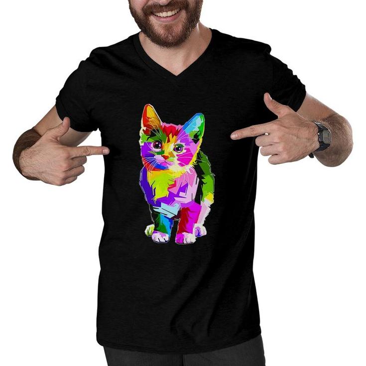 Colorful Pop Art Cat Lover Dad Mom, Boy Girl Funny Men V-Neck Tshirt