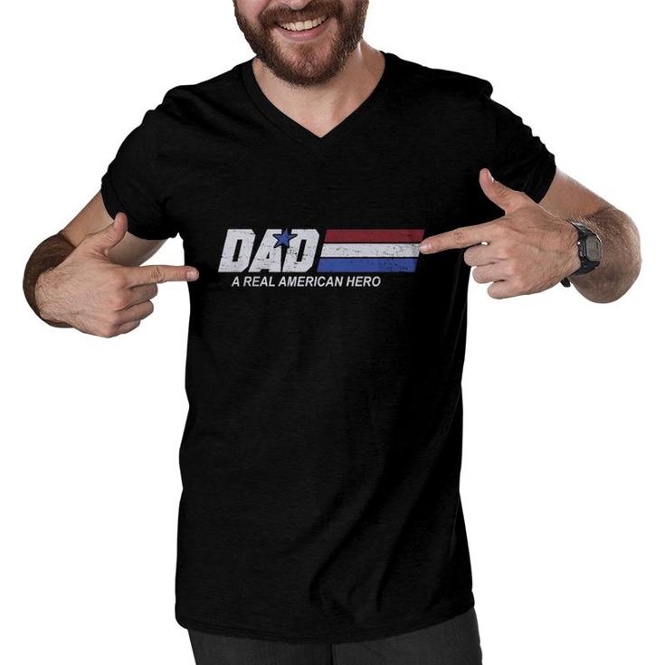 Dad A Real American Hero Father's Day Retro Vintage Men V-Neck Tshirt