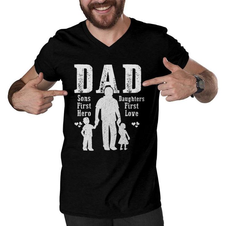 Dad A Sons First Hero A Daughters First Love Daddy Papa Pops Men V-Neck Tshirt
