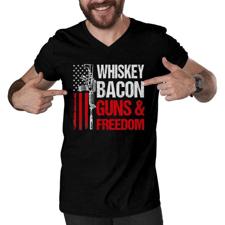 Dad Grandpa Veteran Us Flag Whiskey Bacon Guns Freedom Men V-Neck Tshirt