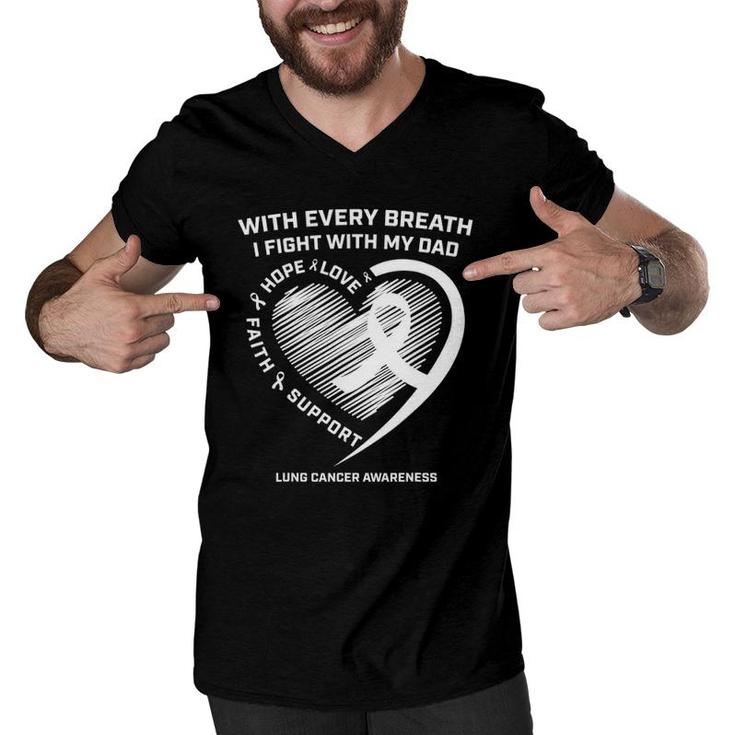 Dad Lung Cancer Awareness Gifts White Ribbon Lung Cancer Dad Men V-Neck Tshirt