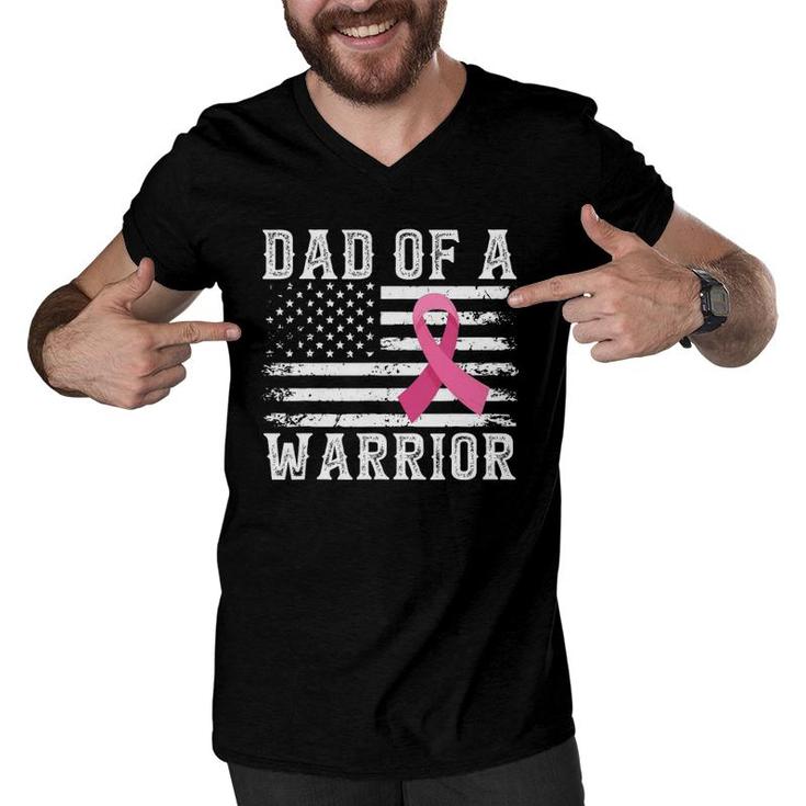 Dad Of Warrior Breast Cancer Usa Flag Pink Ribbon Vintage Men V-Neck Tshirt