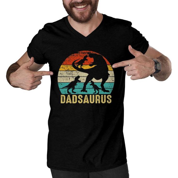 Dad Saurusrex Daddy Dinosaur 3 Three Kids Father's Day Men V-Neck Tshirt