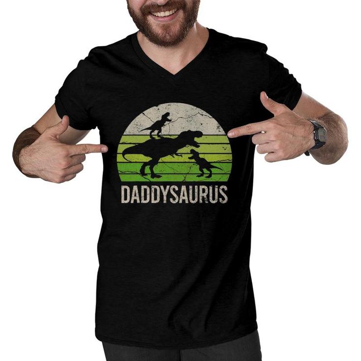 Daddy Dinosaur  Daddysaurus  2 Kid Father's Day Men Men V-Neck Tshirt